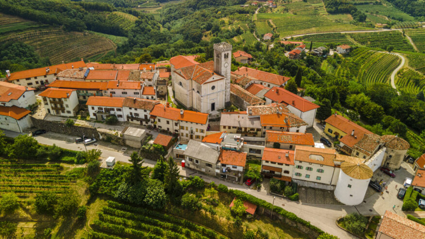 Smartno Townscape in Goriska Brda a Famous Wine Region of Slovenia .Drone Aerial view.