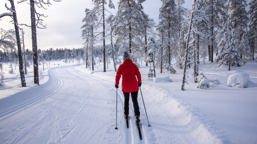 Woman cross country skiing in Lapland Finland