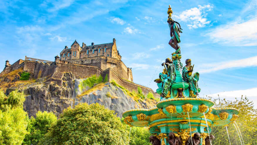 Edinburgh old town scenic skyline and Ross Fountain, Scotland travel photo