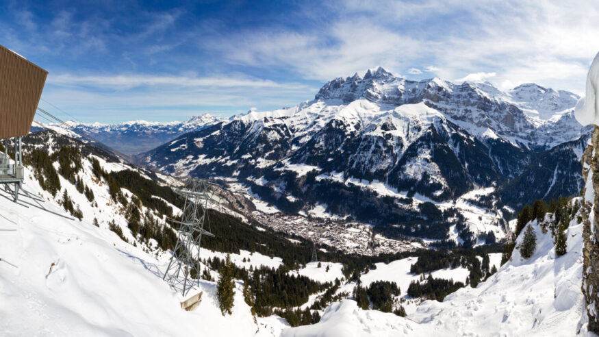 Large panorama of Champery, Switzerland, from the top of the mountain