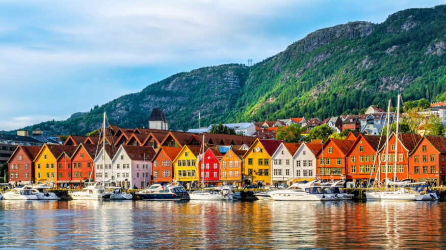 Bergen, Norway. View of historical buildings in Bryggen- Hanseatic wharf in Bergen, Norway. UNESCO World Heritage Site